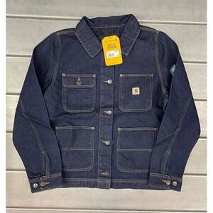 Carhartt Denim Jean Jacket Womens Large Blue Dark Wash Relaxed Fit Chore Coat‎